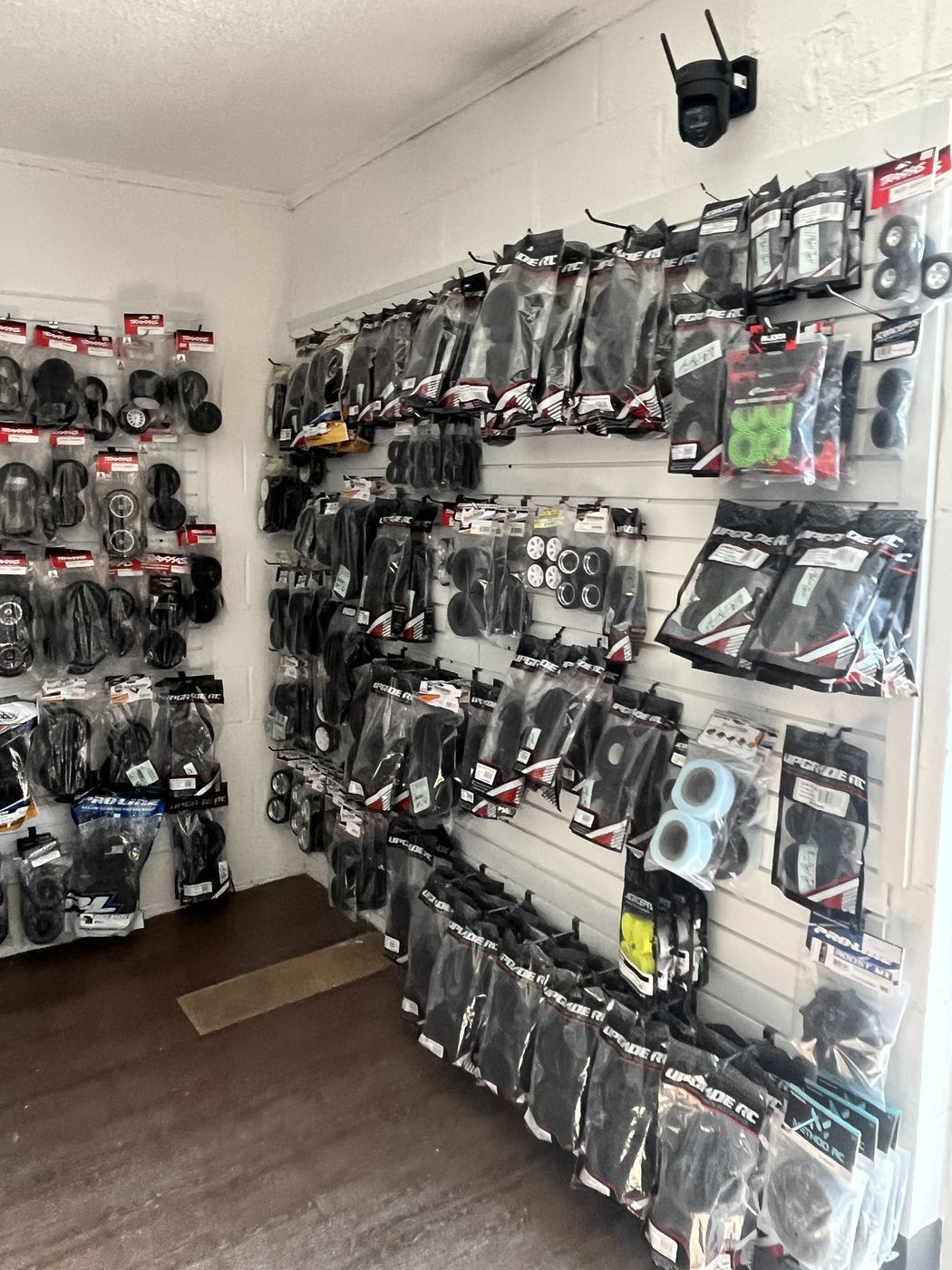 RC tires and wheels wall at SC2NY RC Shop in Rock Hill